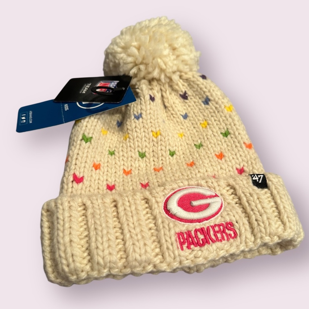 NWT Kids NFL Team 47 Brand Cream Packers Kids Pom-Pom Beanie Winter Hat - Picture 2 of 6